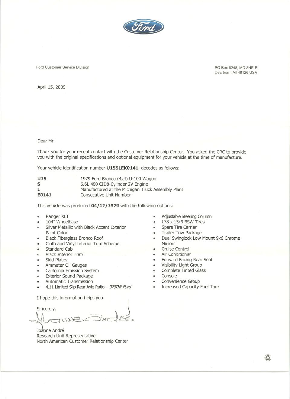 Ford letter decoding 1979 Bronco VIN with original options and build sheet