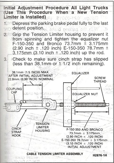 1990 Ford Bronco - Step-by-step initial adjustment procedure for the parking-brake cable tension limiter assembly on light trucks and Bronco.