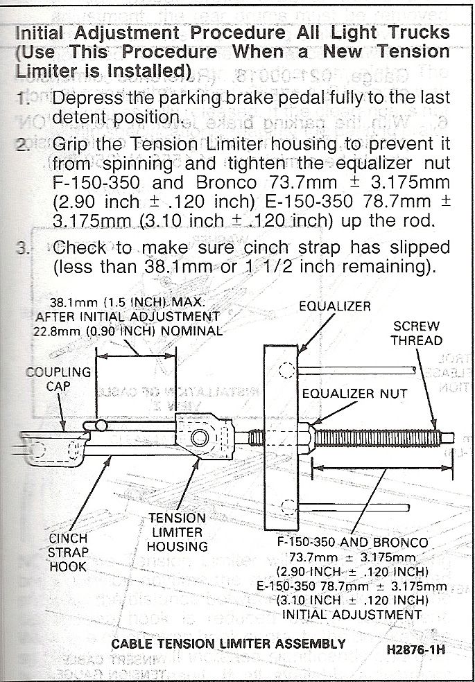 Parking brake cable tension limiter initial adjustment procedure with numbered steps and assembly diagram