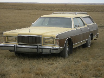 1978 Mercury Colony Park - A 1978 Mercury Colony Park station wagon with wood paneling sits in a grassy field under an overcast sky.