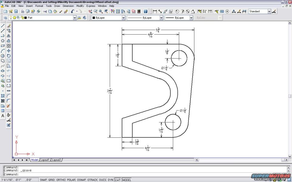 AutoCAD dimensioned drawing of a wheel offset bracket with holes