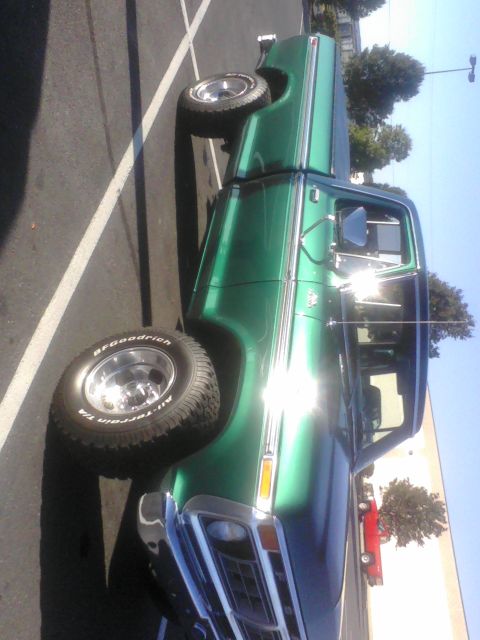 1988 Ford Bronco - This green 1977 Ford F-150 pickup truck is parked in a lot on a sunny day.