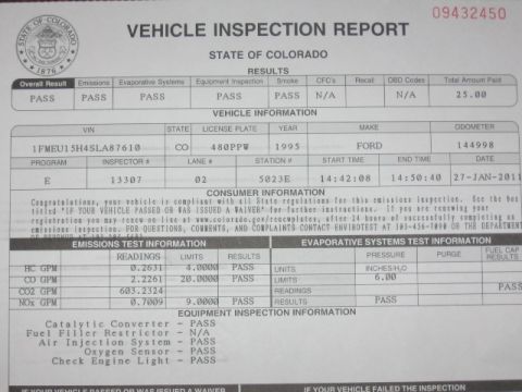1995 Ford Bronco - This document is a vehicle inspection report from the state of Colorado, dated January 27, 2011.