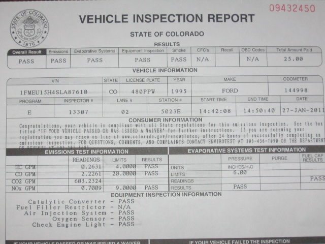 Colorado Vehicle Inspection Report for a 1995 Ford, all results PASS, dated 2011.