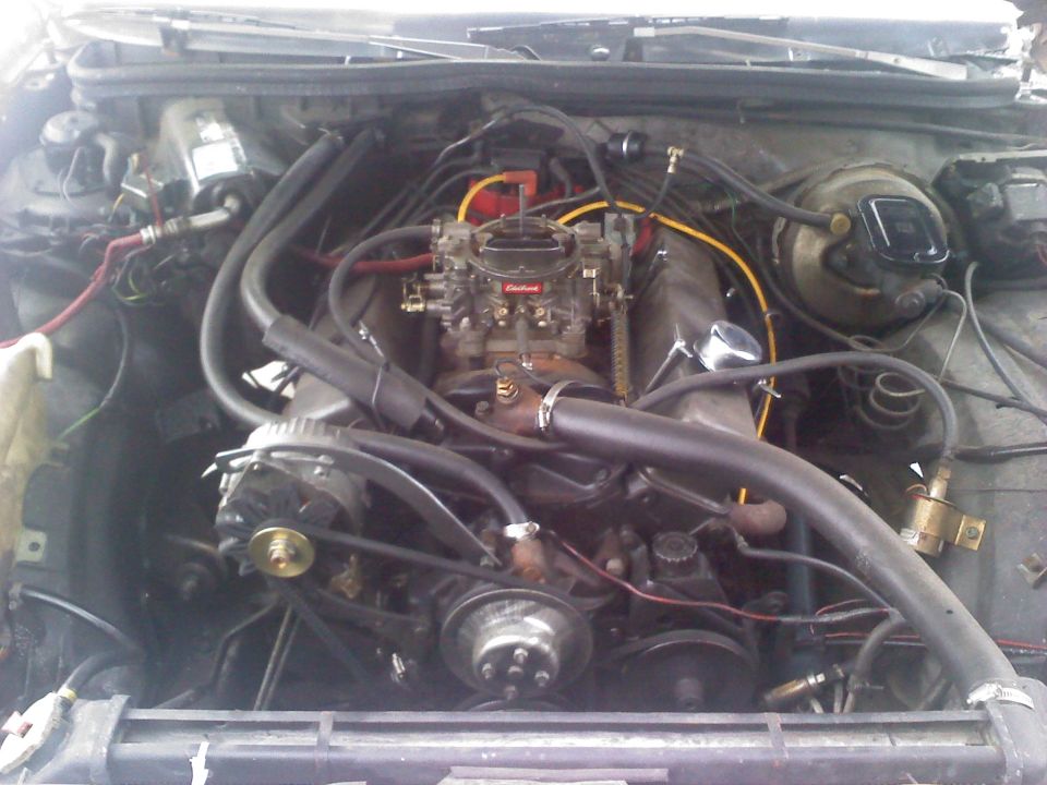 V8 engine bay with Edelbrock carburetor, red distributor cap and yellow plug wires