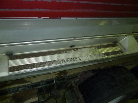 1993 Ford C-150 (Centurion Conversions) - Close-up view of a vehicle's side step and lower body panel, showing wear and tear.