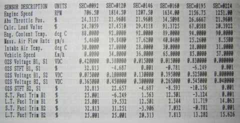 1996 Ford Bronco - This document displays various engine sensor readings and diagnostic codes.