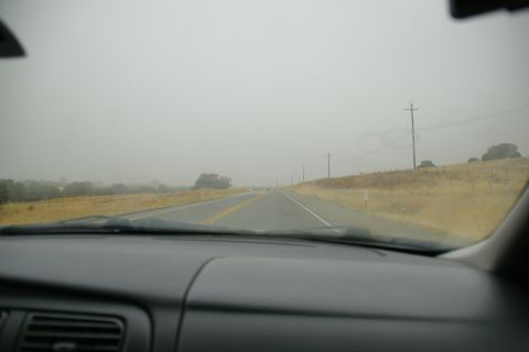 1995 Ford Taurus - Driving through a hazy landscape on a two-lane road, with the dashboard visible in the foreground.