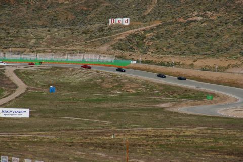 1995 Ford Taurus - Cars race on a track with a distant Budweiser sign and dry, hilly terrain.