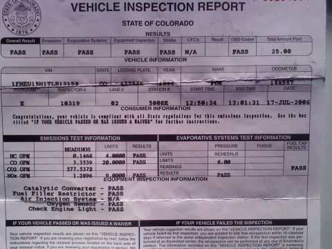 1996 Ford Bronco - Colorado vehicle inspection report details emissions and evaporative system test results for a 1996 vehicle.