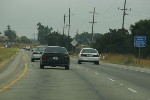 1995 Ford Taurus - Two sedans travel down a highway under an overcast sky, passing a sign urging drivers to report drunk drivers.