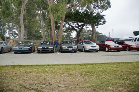 1995 Ford Taurus - Several Ford Tauruses are parked in a lot, with trees and tents in the background.