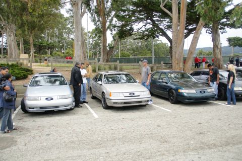1995 Ford Taurus - Several sedans are parked in an outdoor lot with trees and people around.