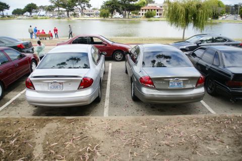 1995 Ford Taurus - A pair of Ford Tauruses are parked in a lot next to a body of water.
