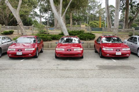 1995 Ford Taurus - Three red Ford Taurus sedans are parked in a lot, with trees and a wooden fence in the background.