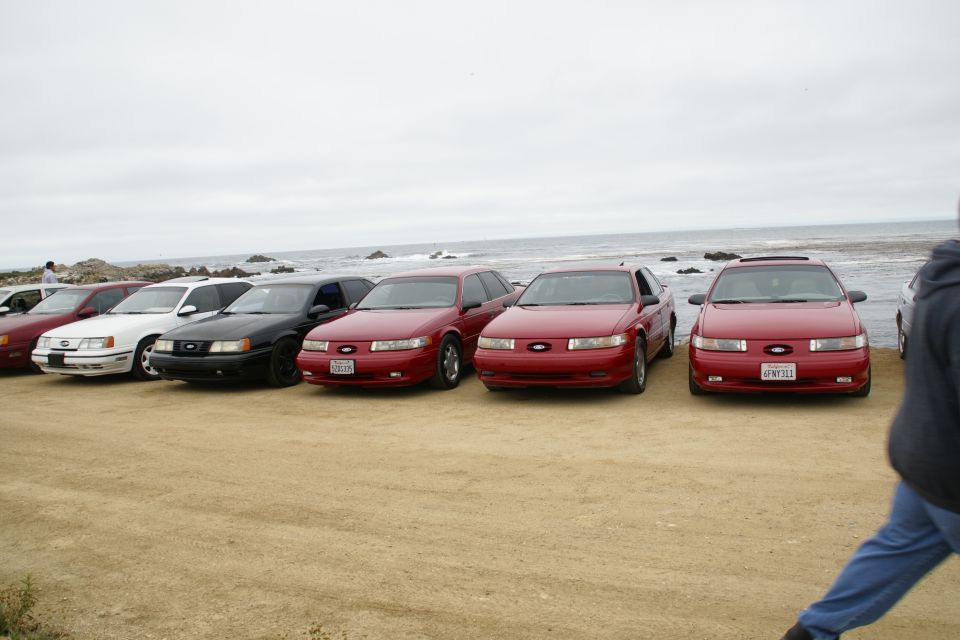 Red Ford Taurus sedans parked in a row on a sandy beach with the ocean in the background