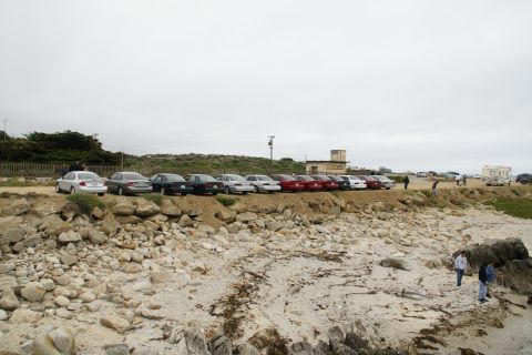 1995 Ford Taurus - A line of cars is parked on a bluff overlooking a rocky beach with people walking below.