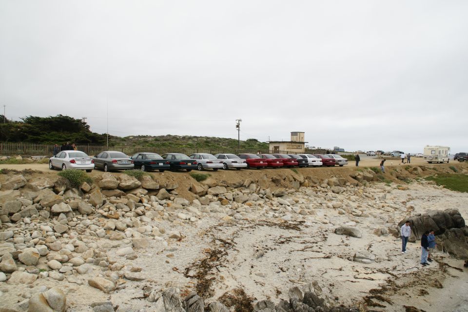 Several cars parked in a row along a rocky coastline under an overcast sky