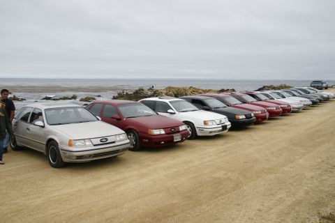 1995 Ford Taurus - A line of Ford Taurus cars, including a silver 1995 model, are parked on a sandy lot overlooking the ocean.