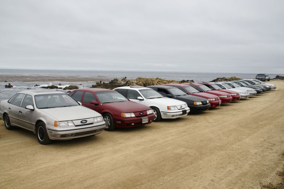 Line of 1995 Ford Taurus sedans parked on a dirt lot by the ocean