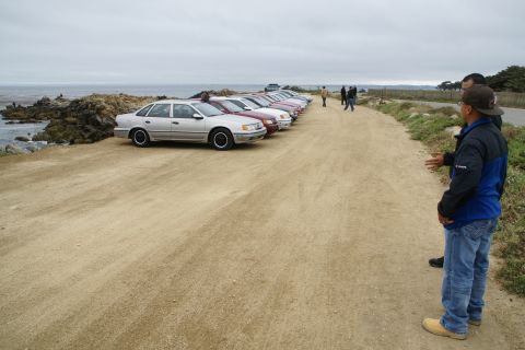1995 Ford Taurus - A line of sedans, including a silver 1995 Ford Taurus, are parked on a dirt road overlooking the ocean.