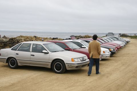 1995 Ford Taurus - A row of sedans are parked on a dirt lot with a man observing them, the ocean in the background.