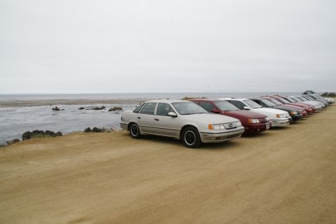 1995 Ford Taurus - A line of sedans are parked on a sandy lot overlooking the ocean.