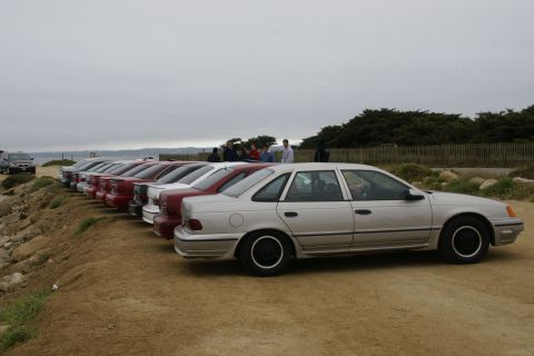 1995 Ford Taurus - A line of sedans, including a silver 1995 Ford Taurus, parked along a coastal road.