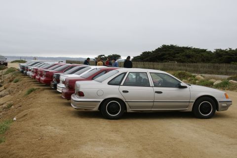 1995 Ford Taurus - A line of sedans, including a silver 1995 Ford Taurus, are parked on a dirt lot near the coast.