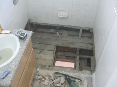 1968 Ford Mustang - The bathroom floor is undergoing renovation, exposing the subflooring and plumbing beneath.