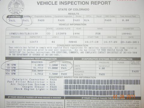 1996 Ford Bronco - This vehicle inspection report from Colorado lists the year as 1996, but the document itself is the primary subject.
