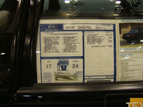 2012 Ford Crown Victoria - A window sticker details the options and price of a 1989 Ford Mustang LX 5.0L Special Edition.