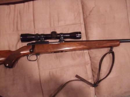 1996 Ford Bronco - A rifle with a scope and a leather strap is shown against a textured background.