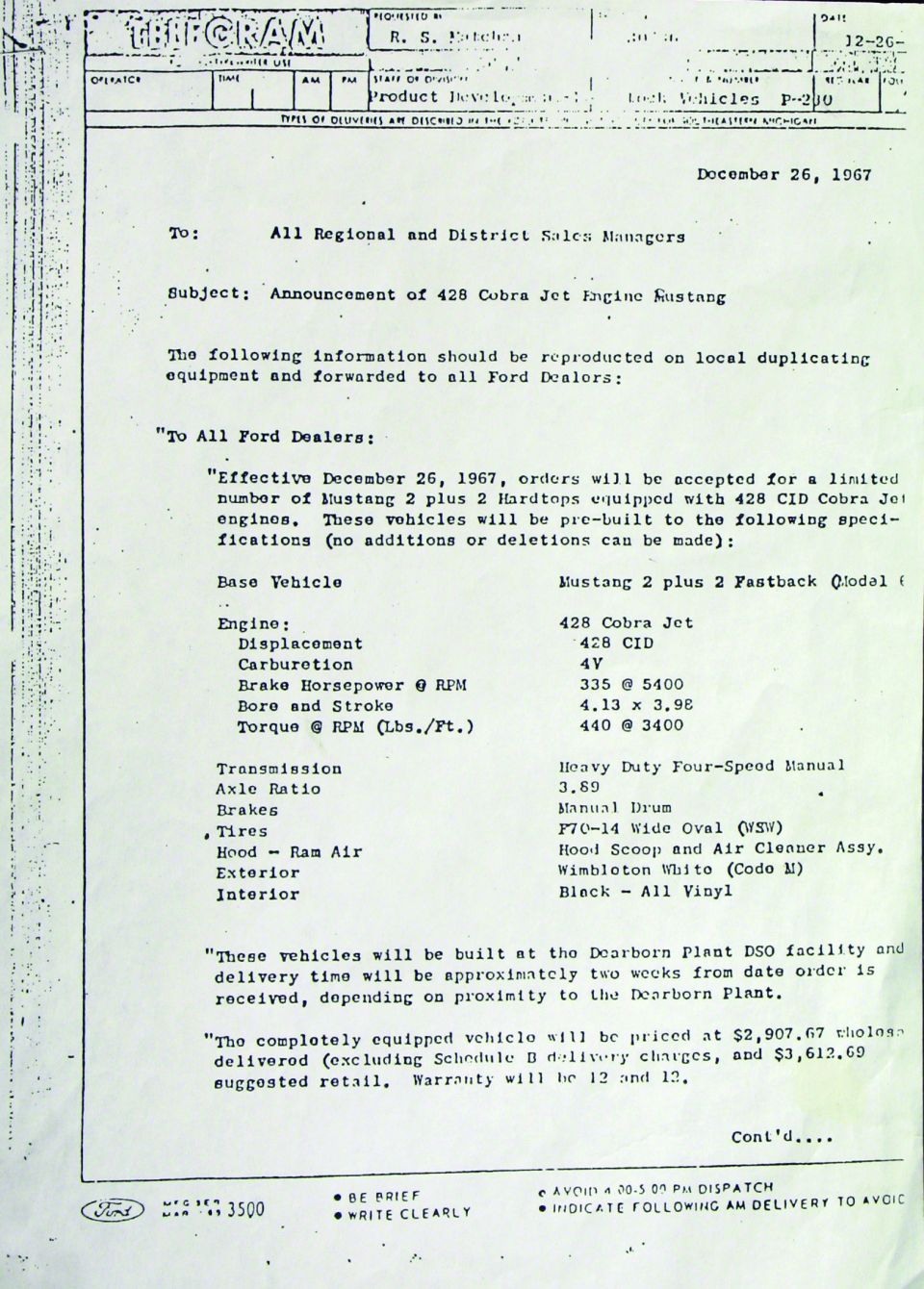 Ford telegram Dec 26 1967 announcing 428 Cobra Jet engine Mustang to dealers with specifications