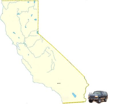 1989 Ford Bronco - A Ford Bronco is shown superimposed on a map of California.