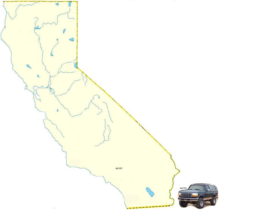Dark blue Ford Bronco parked on a white background next to a map of California