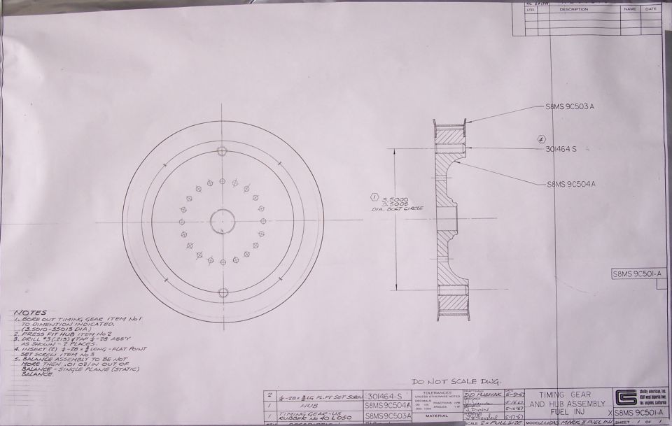 Engineering blueprint of a timing-gear pulley/flange with dimensioned front and section views and title block