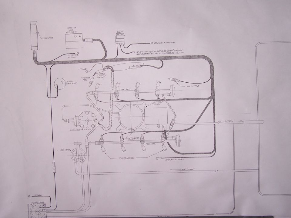 Engine fuel injection plumbing/vacuum routing diagram with injectors, throttle body and hose runs