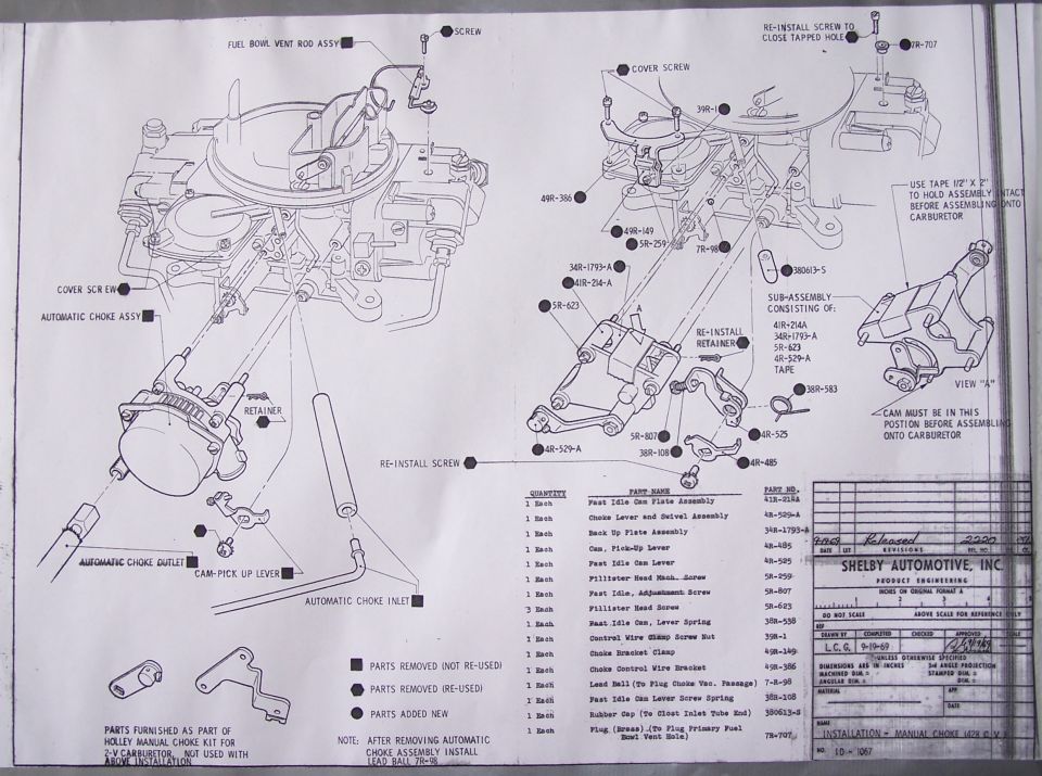 Exploded parts breakdown of a Holley carburetor with numbered components and Shelby Automotive title block