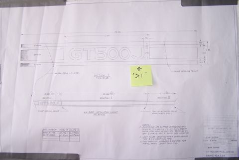 1968 Mercury Cougar - Technical drawing details the dimensions and installation layout for a GT500J emblem.