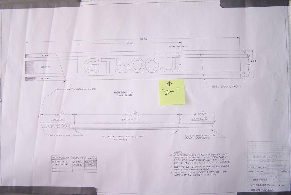 Dimensioned engineering drawing of a GT500 rocker-panel stripe/decal with Shelby Automotive title block