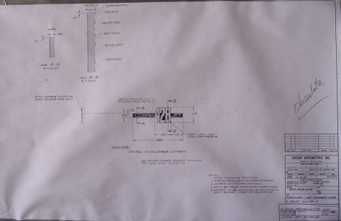 1968 Mercury Cougar - Technical drawing details the "Cobra 428 Jet" emblem, including dimensions and material specifications.