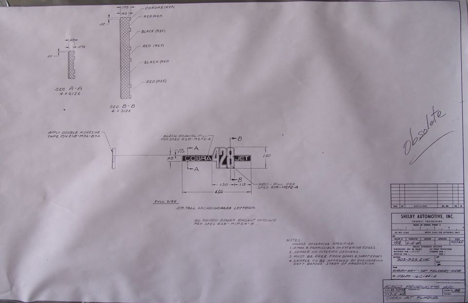 Dimensioned engineering drawing of a Cobra Jet rocker stripe decal with Shelby Automotive title block