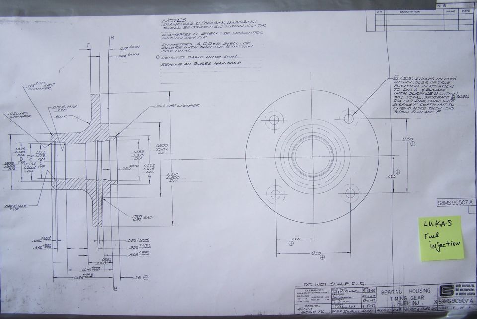 Dimensioned engineering drawing of a Lucas fuel-injection flange/hub with notes and title block