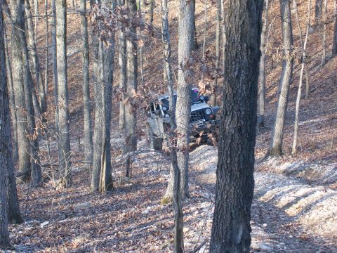 2007 Jeep Wrangler - A white 2007 Jeep Wrangler navigates a dirt path through a dense forest.