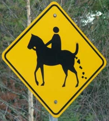 1995 Ford Bronco - A yellow diamond-shaped road sign showing a horse and rider silhouette, with droppings added behind the horse, mounted on a post in front o…