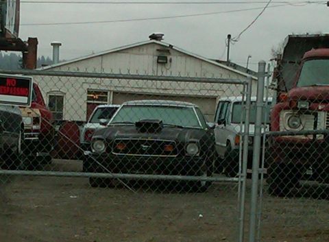 1978 Ford Mustang II - Modified 1978 Ford Mustang II is visible behind a chain-link fence with other vehicles.