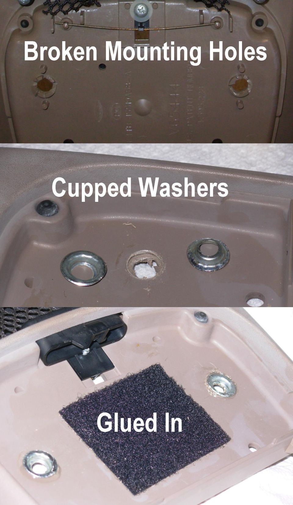 Three labeled close-ups of overhead console mounting repairs