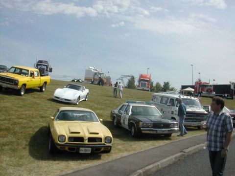 1991 Ford LTD Crown Victoria - A collection of vehicles, including a police car and a yellow pickup, are displayed outdoors on a sunny day.