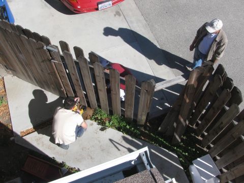 1968 Ford Mustang - A red car is visible in the background of a scene depicting people working on a fence.